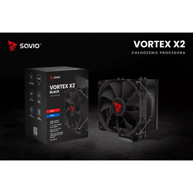 CPU air cooler SAVIO Vortex X2 Black – 120 mm fan, height 157 mm, PWM, LGA 2066 compatible