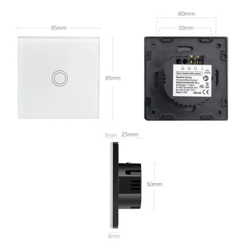 Touch light switch MACLEAN MCE703W, glass panel, 1 gang, 220V