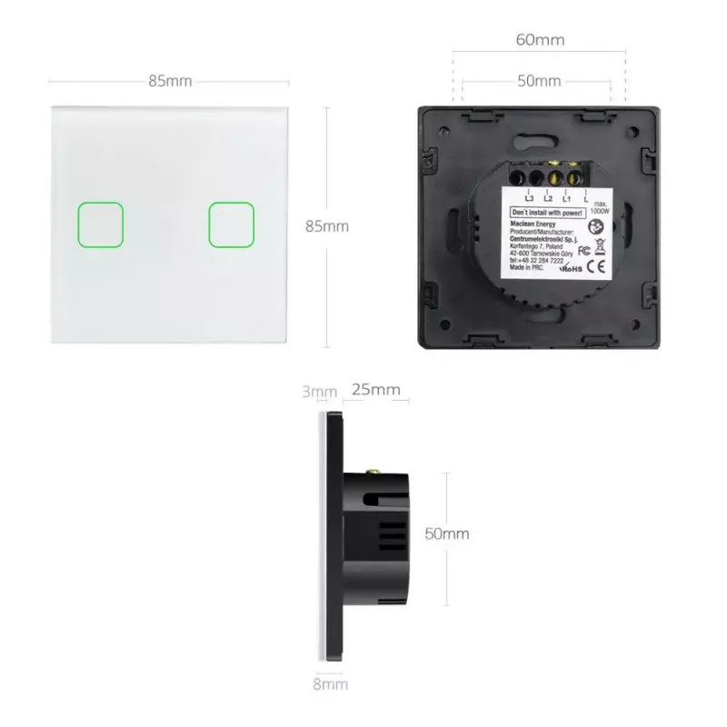 Touch light switch MACLEAN MCE703W, glass panel, 1 gang, 220V