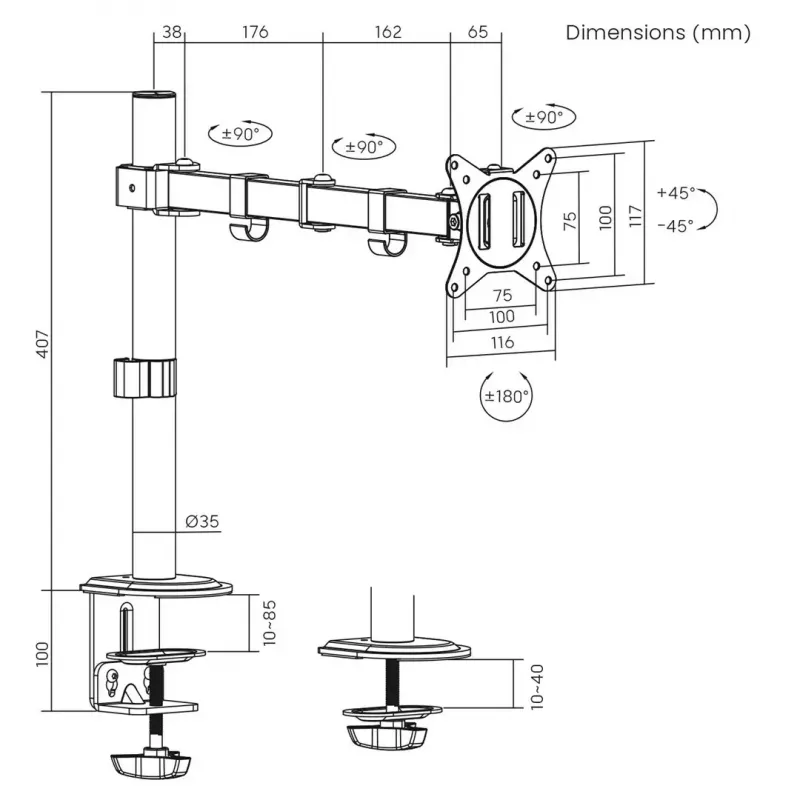 Monitor desk mount MACLEAN MC-753N for 17–32 inch screens, VESA 75x75 / 100x100, max 9 kg, tilt ±45°, swivel ±180°, height adjustable