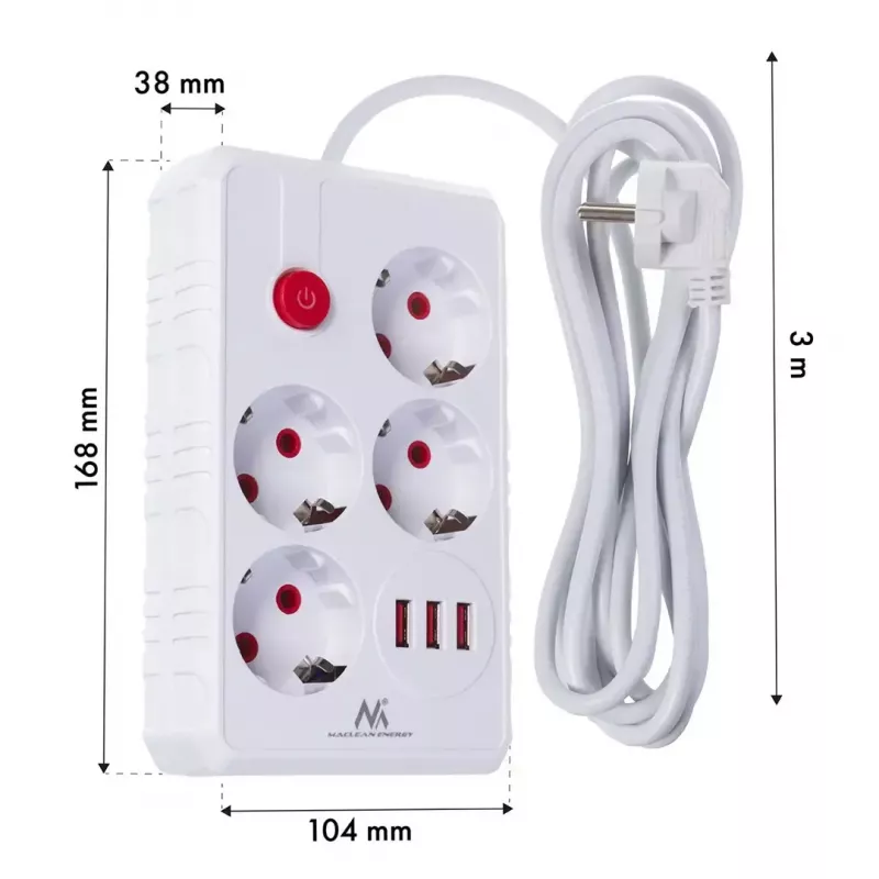 Power strip MACLEAN MCE393 W — 4 sockets + 3×USB, 110–240V, 2.1A USB, 2500W, 3 m, white