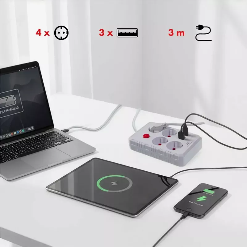 Power strip MACLEAN MCE393 W — 4 sockets + 3×USB, 110–240V, 2.1A USB, 2500W, 3 m, white
