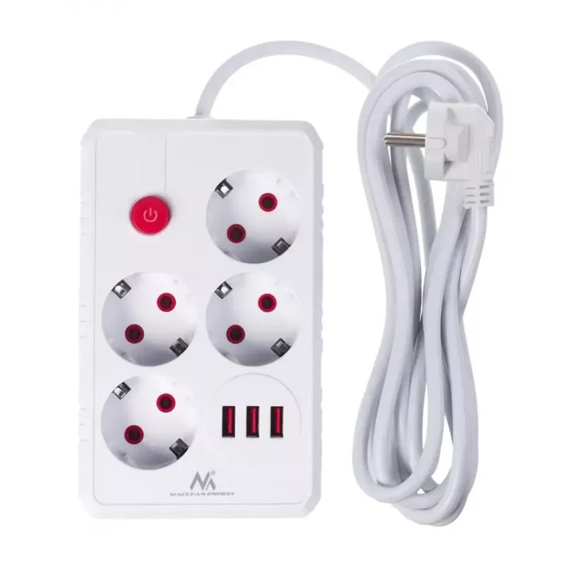 Power strip MACLEAN MCE393 W — 4 sockets + 3×USB, 110–240V, 2.1A USB, 2500W, 3 m, white