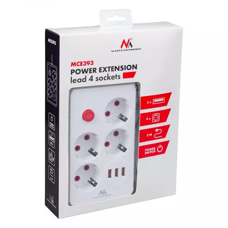 Power strip MACLEAN MCE393 W — 4 sockets + 3×USB, 110–240V, 2.1A USB, 2500W, 3 m, white