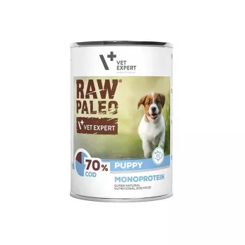 Wet puppy food VETEXPERT RAW PALEO Puppy Monoprotein Cod 400 g, grain-free, for juniors, can