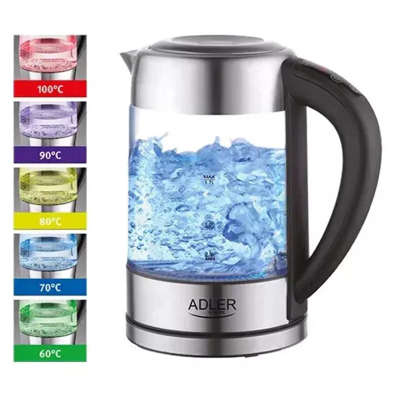 Electric kettle Adler AD 1247 1.7 L 2200 W Glass body Stainless steel elements Black