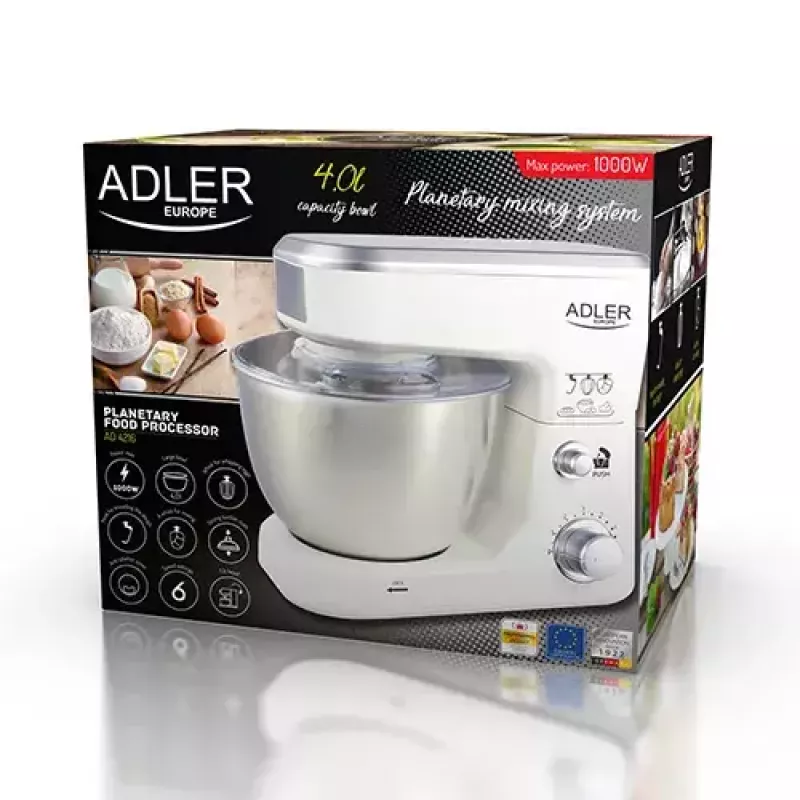 Food processor Adler AD 4216, 500 W, 4 L stainless-steel bowl, white