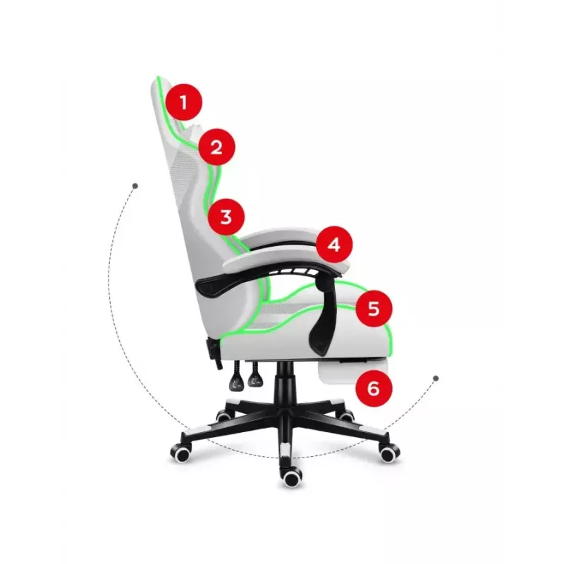 Gaming chair Huzaro FORCE 4.7 RGB White — padded fabric bucket seat, max load 140 kg, adjustable height 43–53 cm, tilt 90–140°