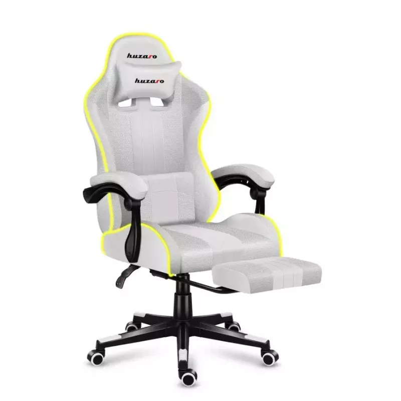 Gaming chair Huzaro FORCE 4.7 RGB White — padded fabric bucket seat, max load 140 kg, adjustable height 43–53 cm, tilt 90–140°