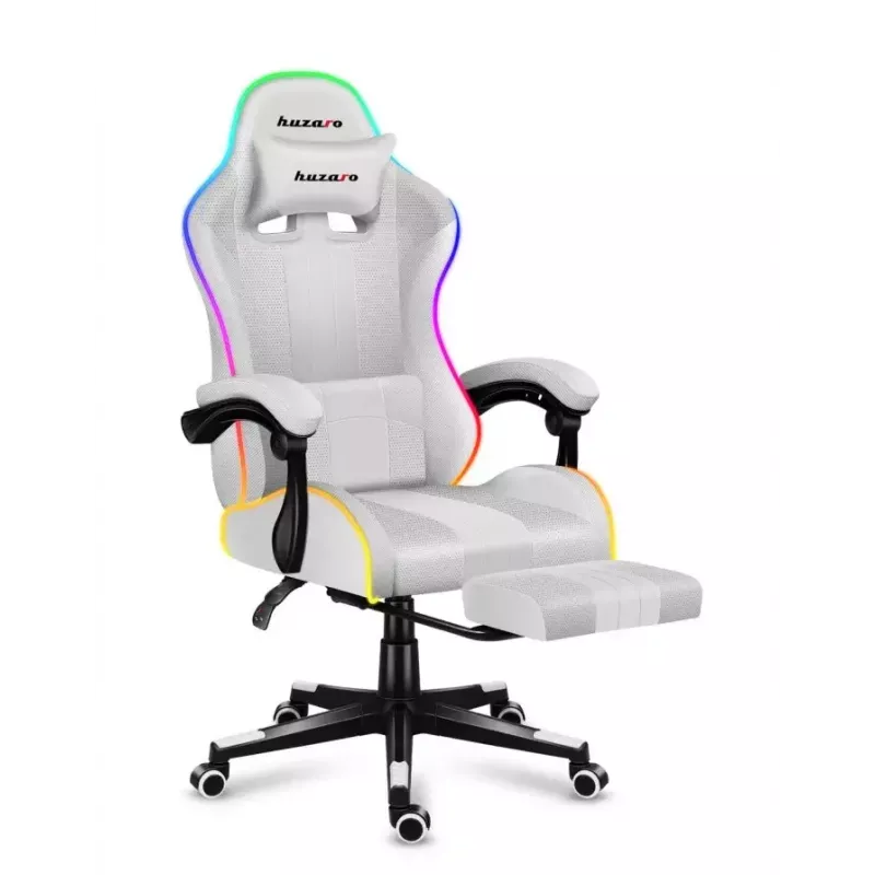 Gaming chair Huzaro FORCE 4.7 RGB White — padded fabric bucket seat, max load 140 kg, adjustable height 43–53 cm, tilt 90–140°