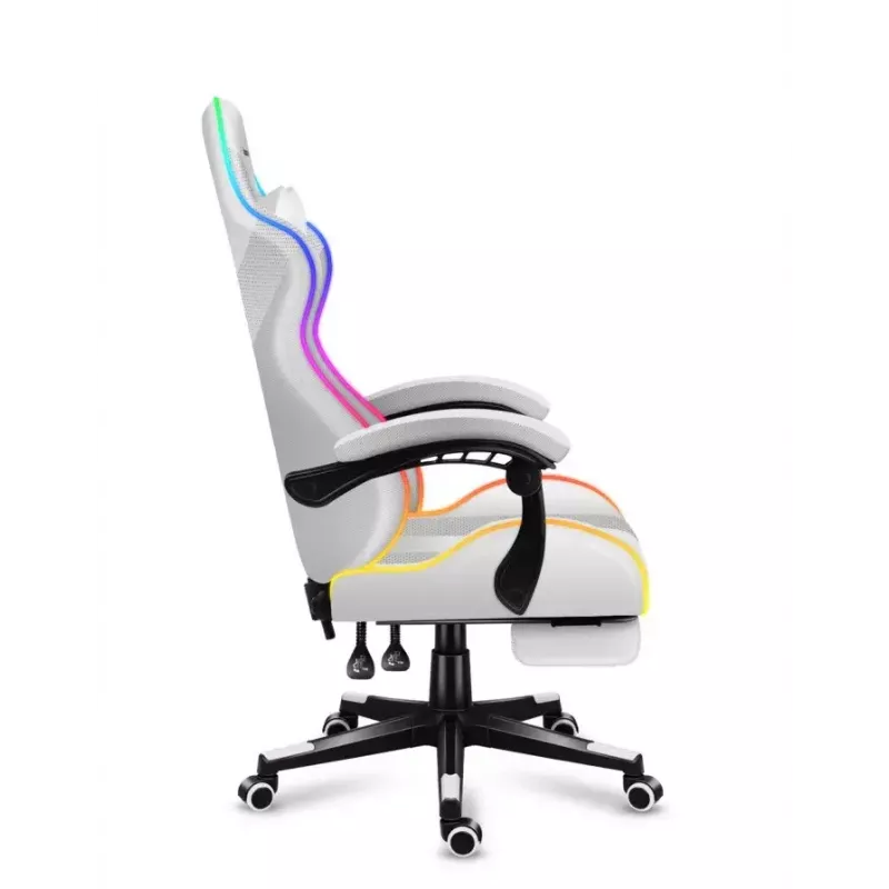 Gaming chair Huzaro FORCE 4.7 RGB White — padded fabric bucket seat, max load 140 kg, adjustable height 43–53 cm, tilt 90–140°