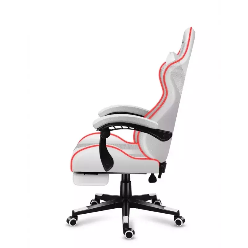 Gaming chair Huzaro FORCE 4.7 RGB White — padded fabric bucket seat, max load 140 kg, adjustable height 43–53 cm, tilt 90–140°