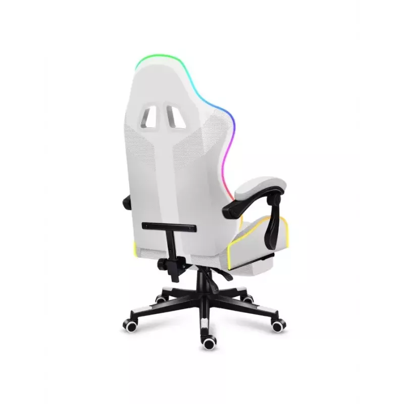 Gaming chair Huzaro FORCE 4.7 RGB White — padded fabric bucket seat, max load 140 kg, adjustable height 43–53 cm, tilt 90–140°