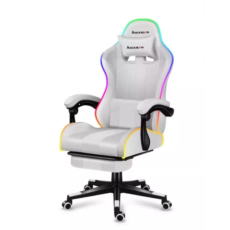 Gaming chair Huzaro FORCE 4.7 RGB White — padded fabric bucket seat, max load 140 kg, adjustable height 43–53 cm, tilt 90–140°