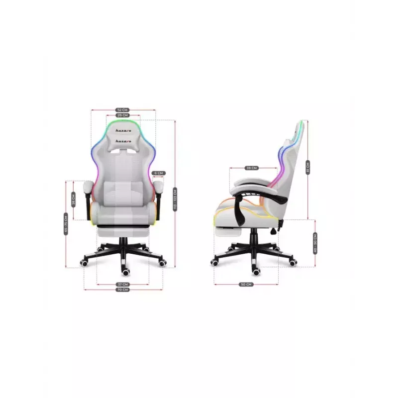 Gaming chair Huzaro FORCE 4.7 RGB White — padded fabric bucket seat, max load 140 kg, adjustable height 43–53 cm, tilt 90–140°