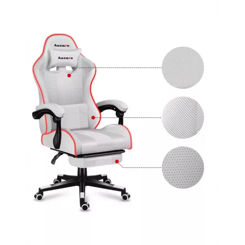 Gaming chair Huzaro FORCE 4.7 RGB White — padded fabric bucket seat, max load 140 kg, adjustable height 43–53 cm, tilt 90–140°