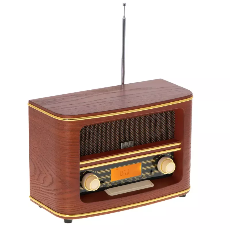 Portable radio Adler AD 1187 — FM, 10 W RMS, LCD display, brown, 300×140×210 mm