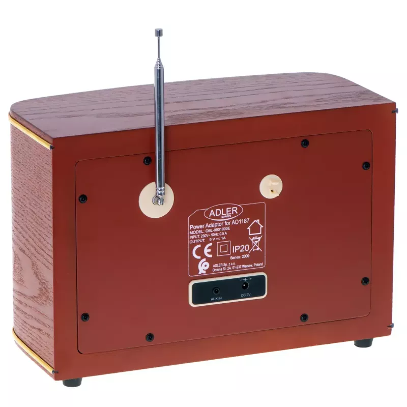 Portable radio Adler AD 1187 — FM, 10 W RMS, LCD display, brown, 300×140×210 mm