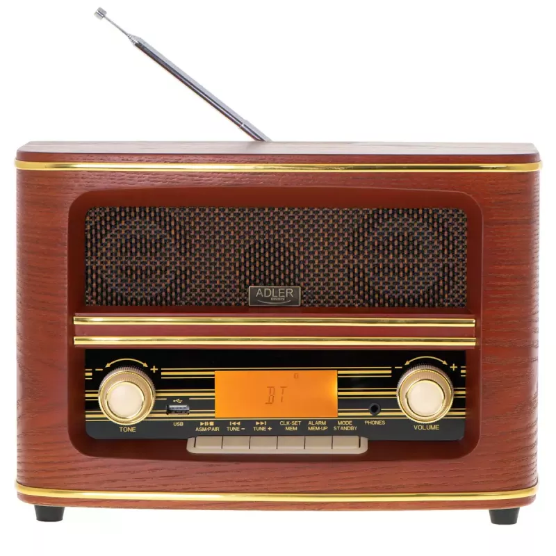 Portable radio Adler AD 1187 — FM, 10 W RMS, LCD display, brown, 300×140×210 mm