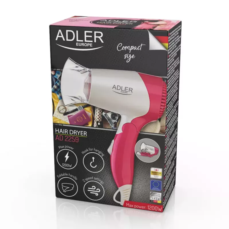 Hair dryer Adler AD 2259 — 1200 W, 2 speeds, foldable handle, concentrator nozzle, pink/white