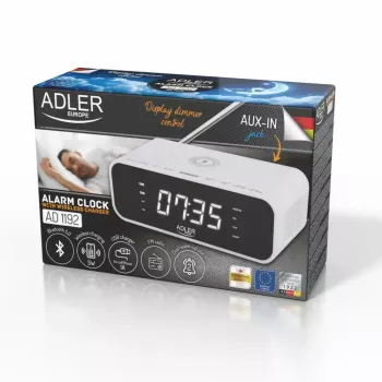 Alarm clock Adler AD 1192W — compact bedside clock with wireless charger and AUX input, white
