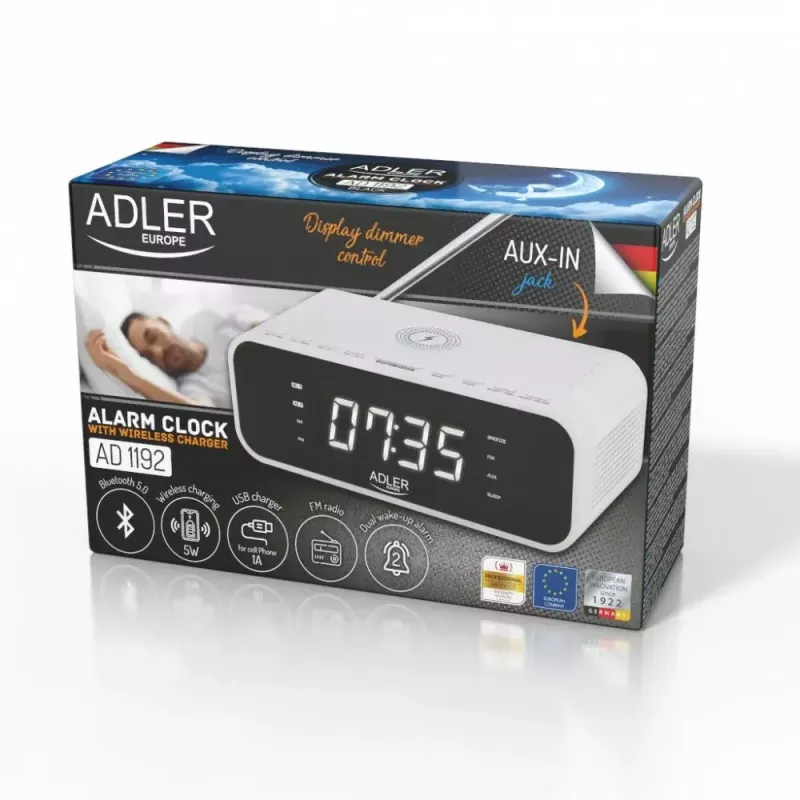 Alarm clock Adler AD 1192W — compact bedside clock with wireless charger and AUX input, white