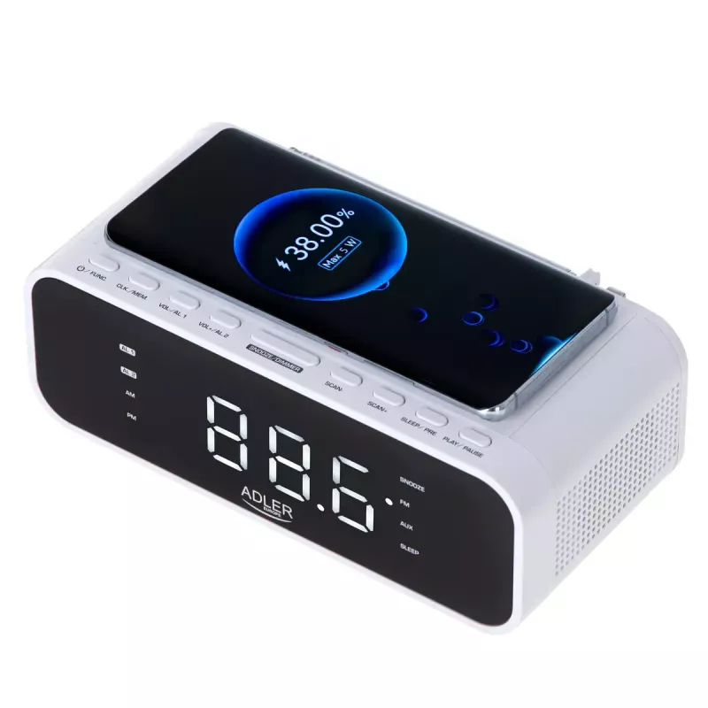 Alarm clock Adler AD 1192W — compact bedside clock with wireless charger and AUX input, white