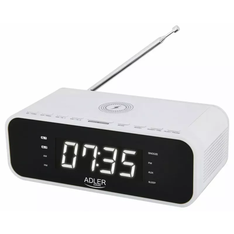 Alarm clock Adler AD 1192W — compact bedside clock with wireless charger and AUX input, white