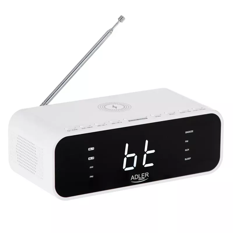 Alarm clock Adler AD 1192W — compact bedside clock with wireless charger and AUX input, white