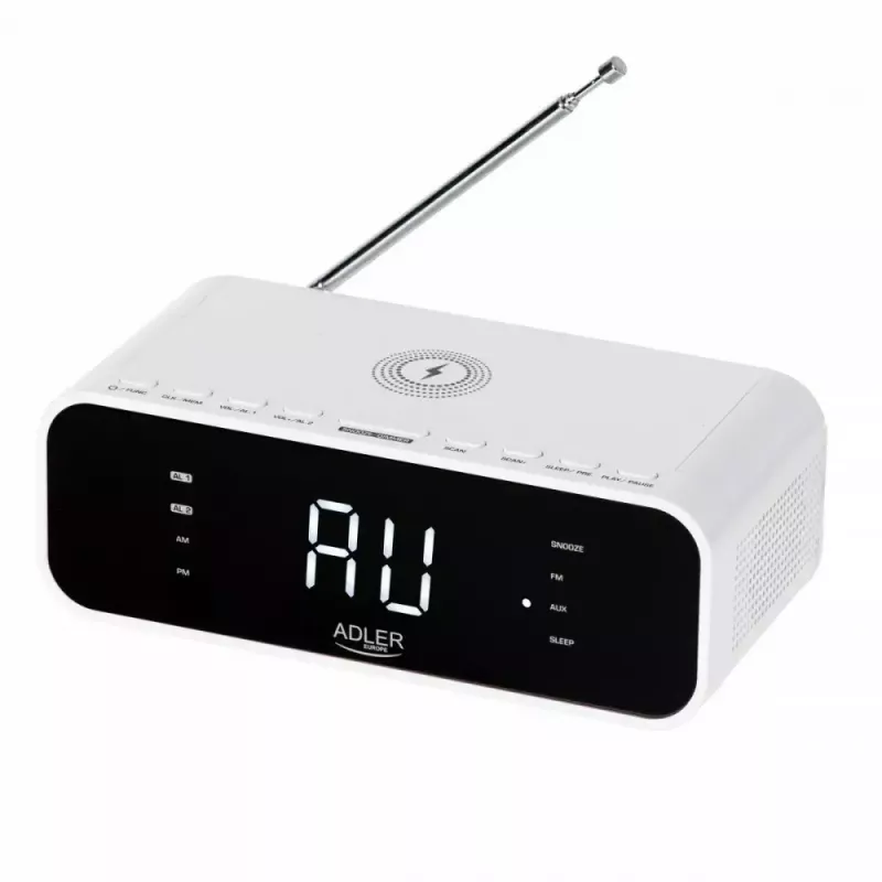 Alarm clock Adler AD 1192W — compact bedside clock with wireless charger and AUX input, white
