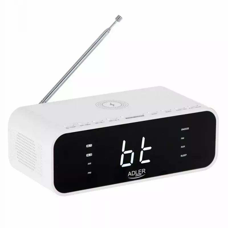 Alarm clock Adler AD 1192W — compact bedside clock with wireless charger and AUX input, white