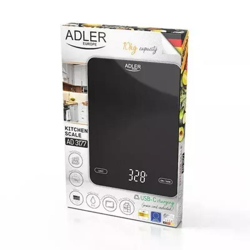 Electronic kitchen scale Adler AD 3177b — 10 kg capacity, 1 g accuracy, black, glass top
