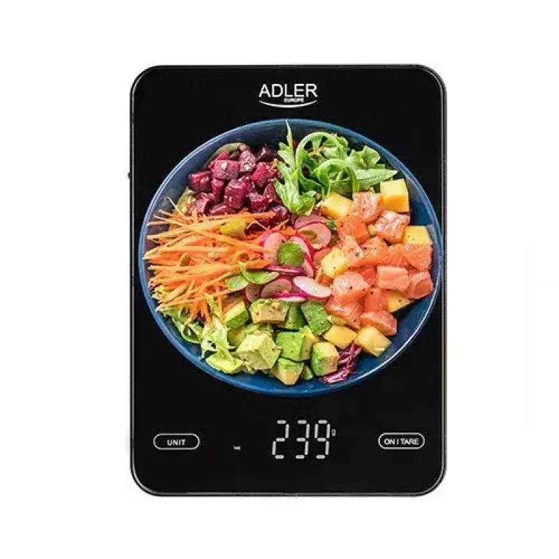 Electronic kitchen scale Adler AD 3177b — 10 kg capacity, 1 g accuracy, black, glass top