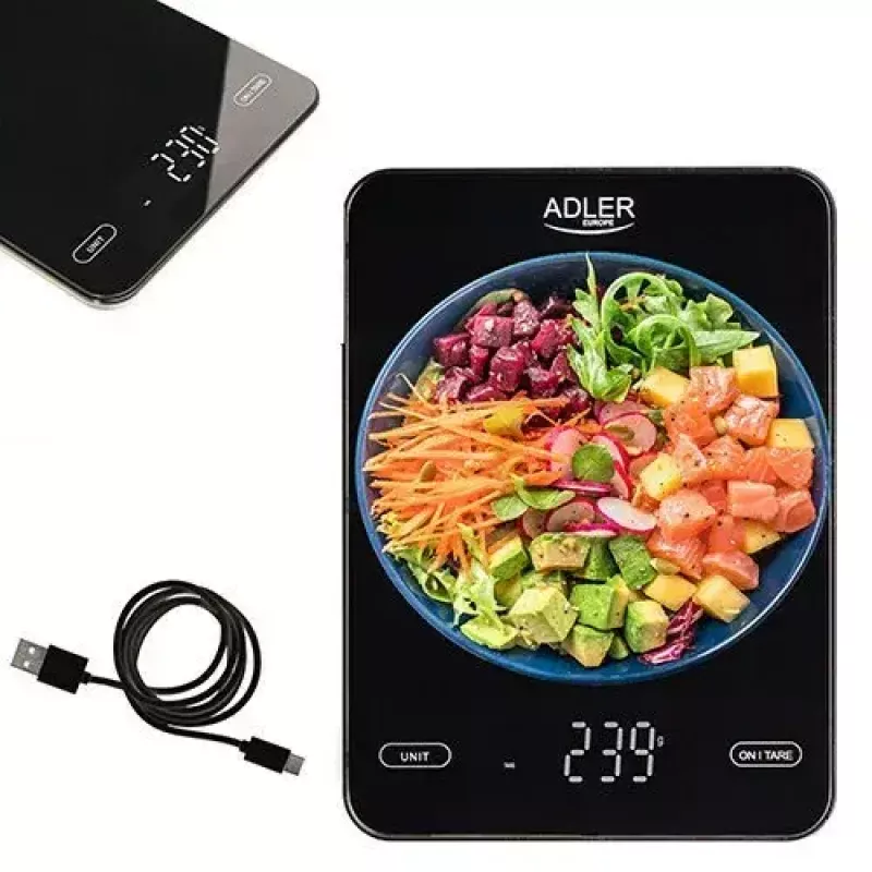 Electronic kitchen scale Adler AD 3177b — 10 kg capacity, 1 g accuracy, black, glass top