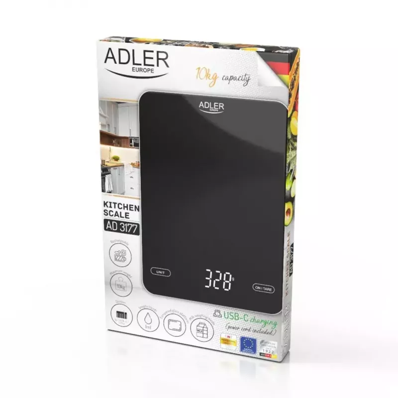Electronic kitchen scale Adler AD 3177b — 10 kg capacity, 1 g accuracy, black, glass top