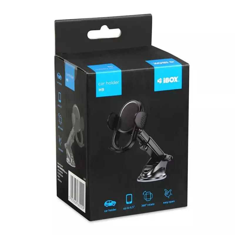 Car phone holder IBOX H-9 adjustable-angle universal fit for smartphones, suction cup mount, black, plastic