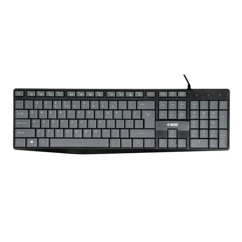 Wired USB keyboard IBOX Eris IKC2010G — full-size 105 keys, USB, grey/black, water-resistant, 1.8 m cable