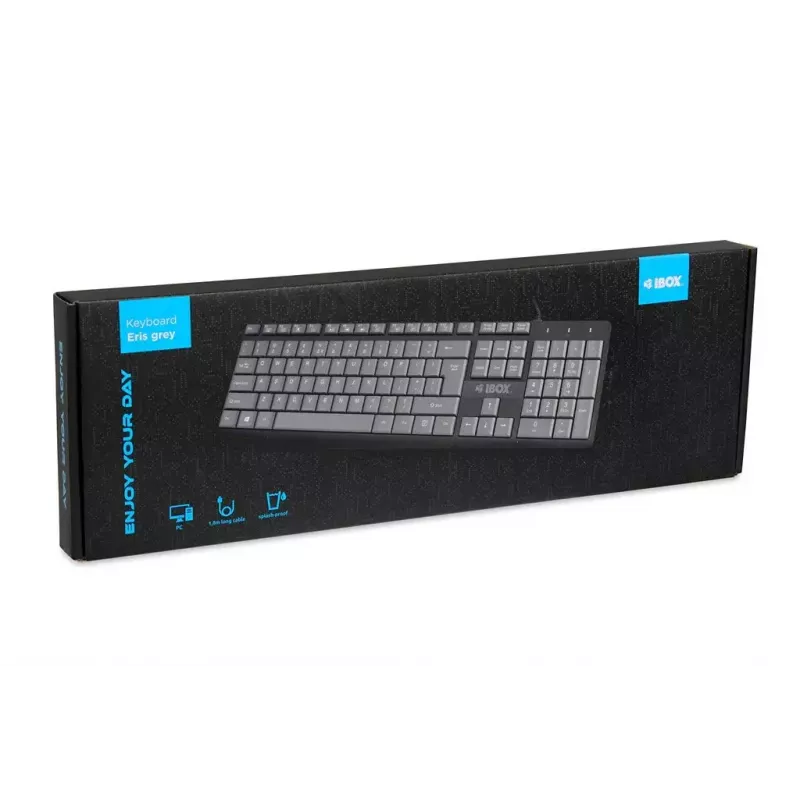 Wired USB keyboard IBOX Eris IKC2010G — full-size 105 keys, USB, grey/black, water-resistant, 1.8 m cable