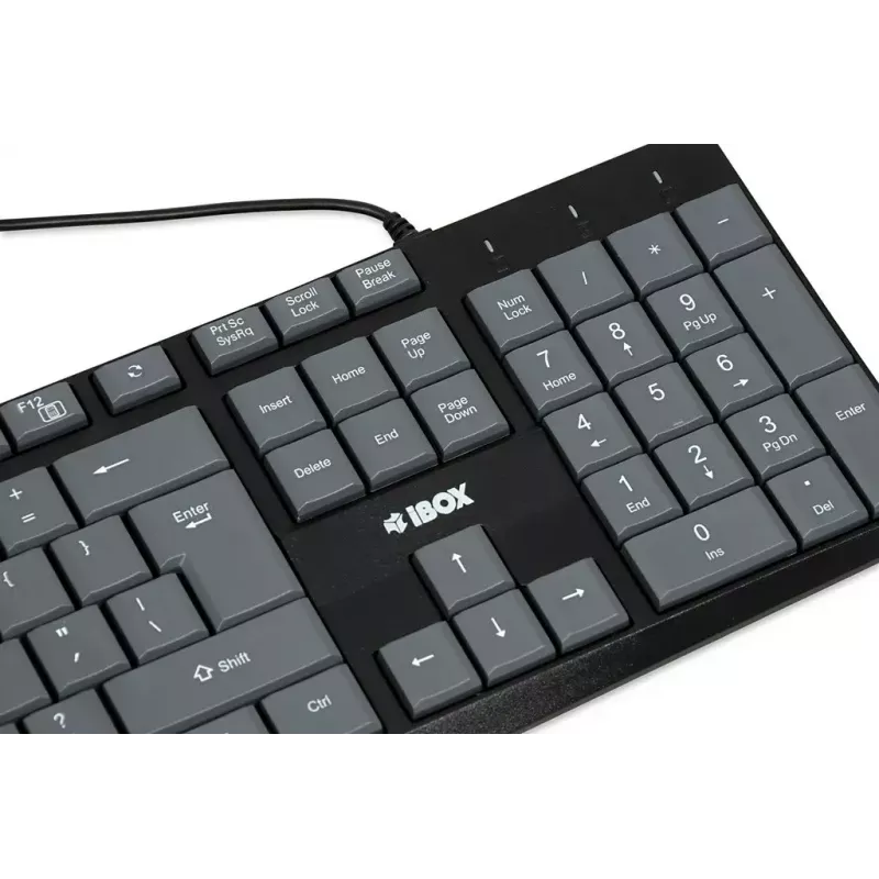 Wired USB keyboard IBOX Eris IKC2010G — full-size 105 keys, USB, grey/black, water-resistant, 1.8 m cable
