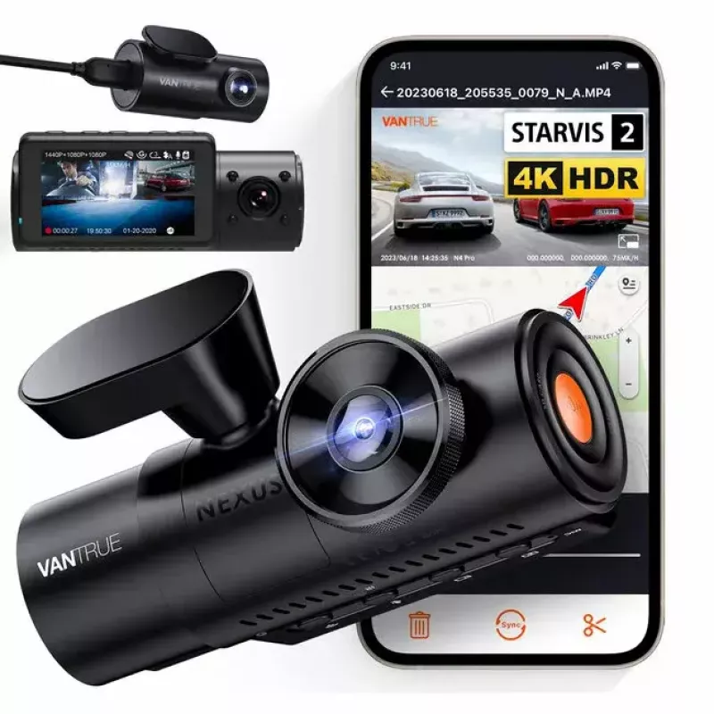 Dashcam VANTRUE N4 PRO 3-channel dash camera, main 3840×2160, 165° front, 160° interior, GPS, Wi‑Fi, IPS display, MicroSD up to 512GB