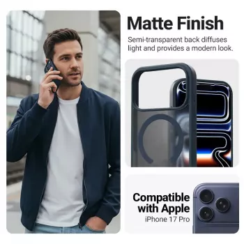 Protective MagSafe Phone Case Crong Hybrid Matte Magnetic for iPhone 17 Pro — PC + TPU, Translucent Navy
