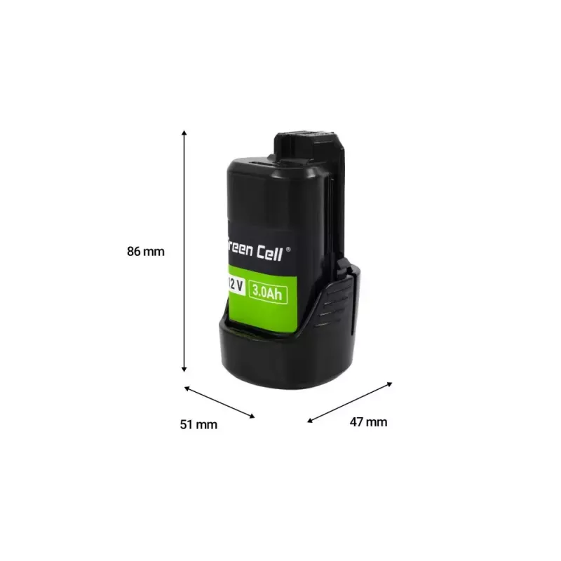 Cordless tool battery Green Cell PTBO12V3 — Li‑Ion 3 Ah, dimensions 5.1×4.7×8.6 cm