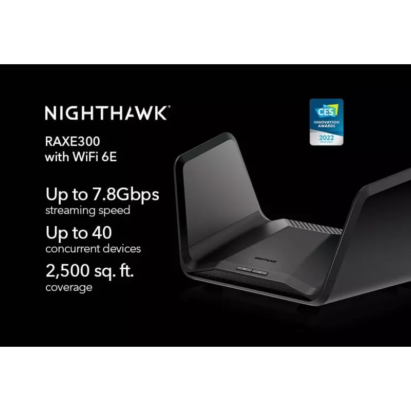 NETGEAR Nighthawk AXE7800 WiFi Router (RAXE300), Wi-Fi 6 (802.11ax), Tri-band (2.4 GHz / 5 GHz / 5 GHz), Ethernet LAN, Black, Portable router