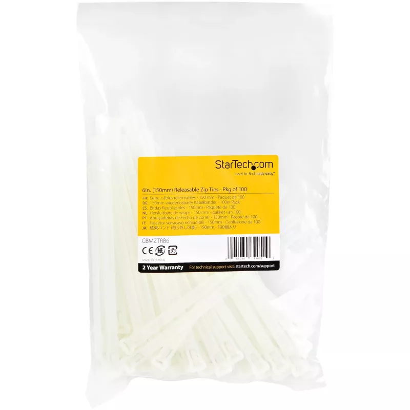 StarTech.com 6 inch(15cm) Reusable Cable Ties - 1/4 inch(7mm) wide, 1-3/8 inch(35mm) Bundle Dia. 50lb(22kg) Tensile Strength, Releasable Nylon Ties, Indoor/Outdoor, 94V-2/UL Listed, 100 Pack - White