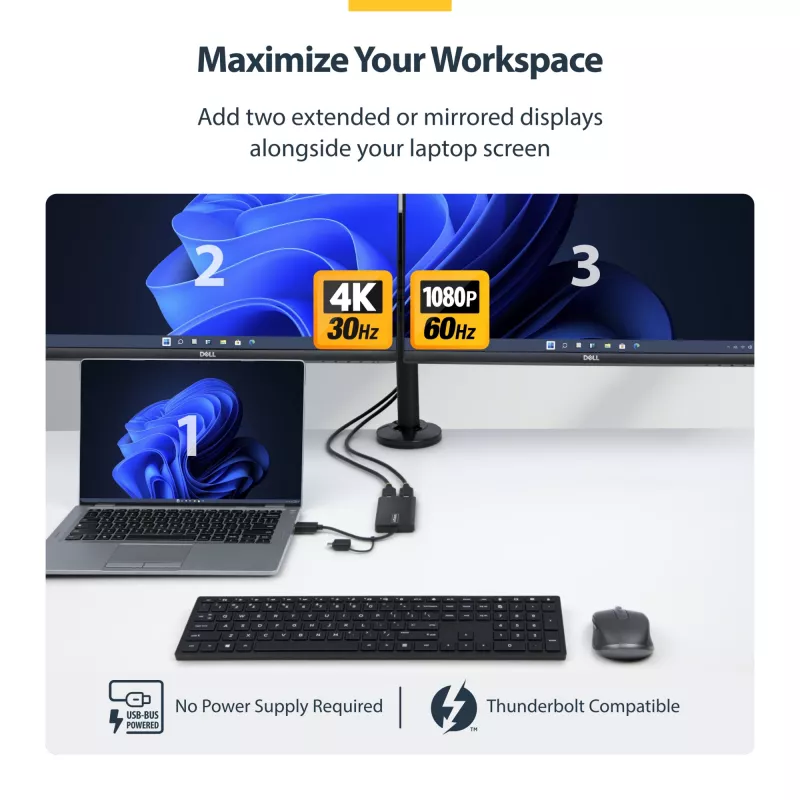 StarTech.com USB to Dual HDMI Adapter, USB A/C to 2x HDMI Displays (1x 4K30Hz, 1x 1080p), Integrated USB-A to C Dongle, 4in/11cm Cable, USB 3.0 to HDMI Display Adapter, Windows & macOS