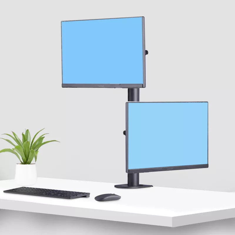StarTech.com Desk Mount For 2x Vertically Stacked Monitors, Dual 49 inch, Total 70lb (32kg), C-Clamp, Quick-Release VESA System, Widescreen 16:9/Ultrawide 32:9, TAA