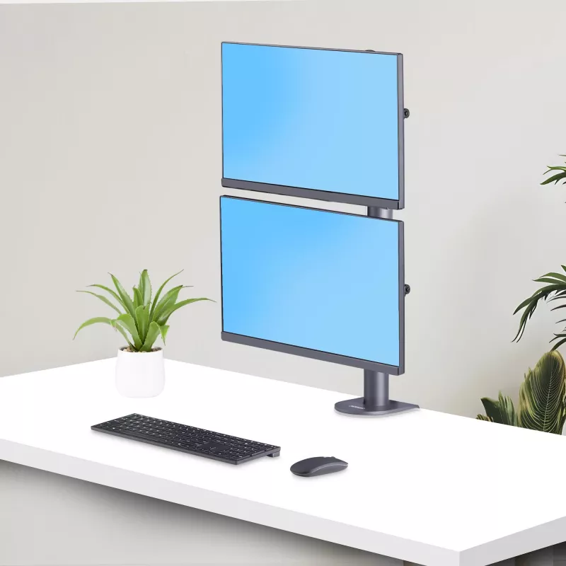StarTech.com Desk Mount For 2x Vertically Stacked Monitors, Dual 49 inch, Total 70lb (32kg), C-Clamp, Quick-Release VESA System, Widescreen 16:9/Ultrawide 32:9, TAA
