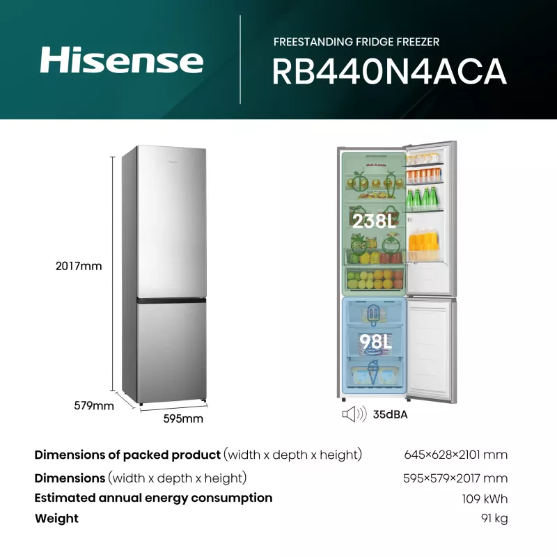 Hisense RB440N4ACA Freestanding 336 L Stainless steel