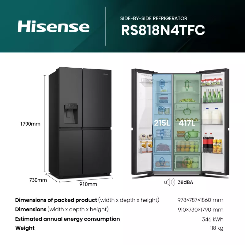 Hisense RS818N4TFC side-by-side refrigerator Freestanding 632 L Black, Stainless steel
