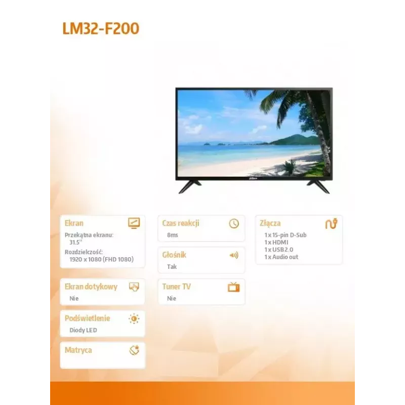 LCD monitor DAHUA LM32-F200 31.5 inch Full HD 1920x1080 LED, 60 Hz, 8 ms, HDMI+VGA, speakers, VESA 75x75